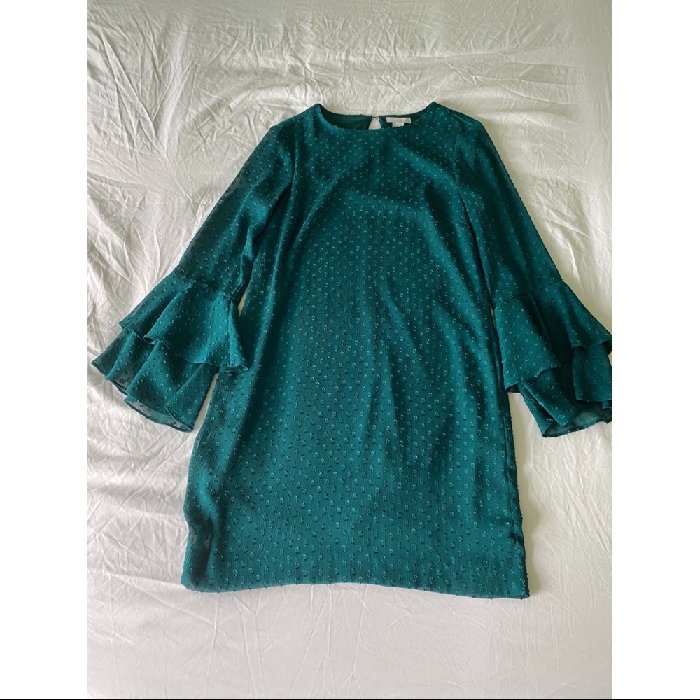 teal shift dress with ruffles on sleeves